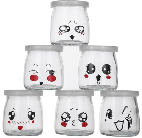 Pasdrucn 6 Pot Yaourt en Verre avec Couvercles, Mini Bocaux En Verre, 200 ML bocal crème avec couvercle en plastique pour dessert pour stocker du lait, de la Crème brûlée