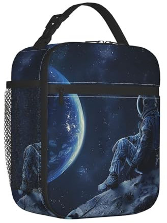 Mexpekil Astronaut Space Insulated Lunch Bag for Women Men Thermal Lunch Box Portable Picnic Cooler Bag with Side Mesh Pocket Adults Lunchbox for Work