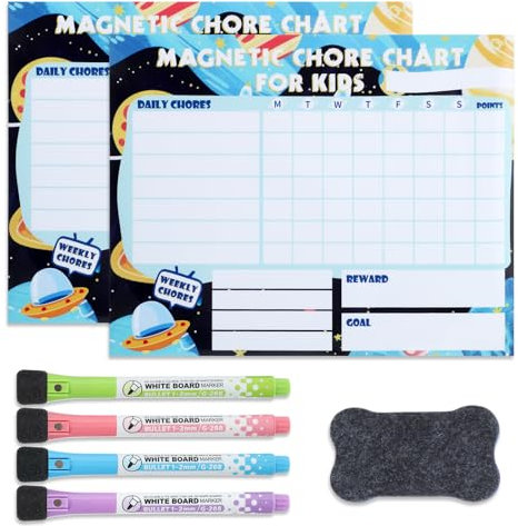 Thboxes 2 Pack Magnetic Reward Charts, Chores Chart for Kids, Reusable Fridge Behaviour Charts to Cultivate Responsibility and Good Habits, Includes 4 Markers 1 Eraser, 8 X 10.4