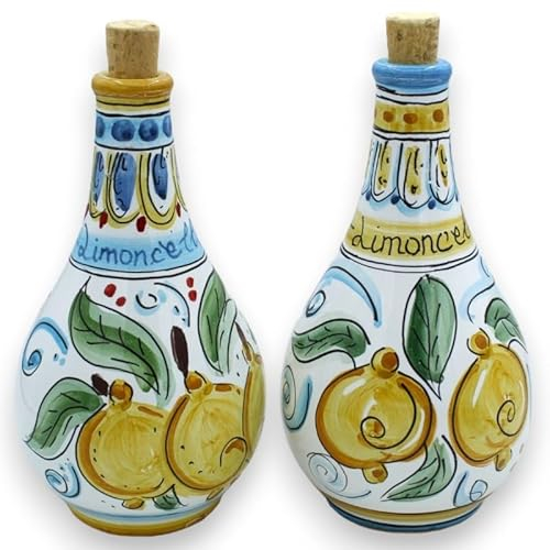 SICILIA BEDDA CAPACI Bottiglia per Limoncello in Ceramica Caltagirone, con Due opzioni Modello (1Unità) Decoro e Colore Casuale - Modello 2