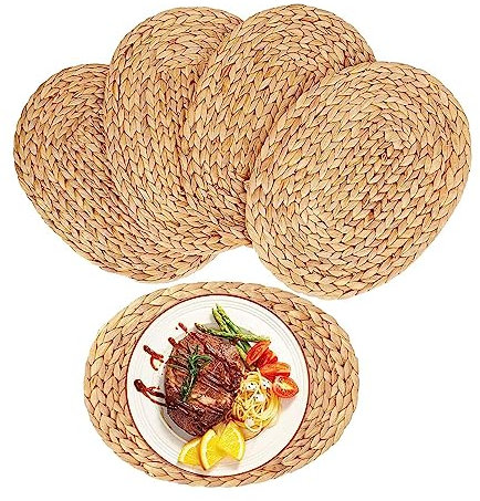 Yjijaiifd Oval Woven Placemats, Natural Water Hyacinth, Straw Braided Rattan, Non-Slip 12X16 Inches 4Pack