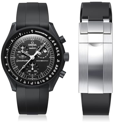 REBANDACE Uhrenarmband für Moonswatch, zuschneidbar, keine Lücken, Silikonband für Omega X Swatch Speedmaster Moonswatch 20 mm weiche gebogenes Ersatzband für Swatch Omega, Herren und Damen (Schwarz)