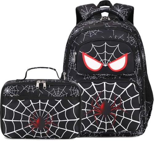 AUIVTY Schulrucksack für Jungen und Mädchen, Teenager, Büchertasche mit Lunchbox-Set, Kinderrucksack, Grundschule, Mittelschule, Schwarz, Large, Tagesrucksäcke