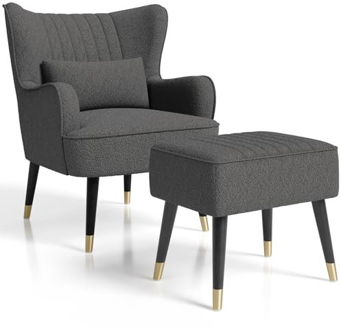 Vesgantti Teddy Fleece Armchair with Footstool and Lumbar Pillow, Modern Wing Back Accent Chair with Ottoman, Large Occasional Chair for Living Room Bedroom Study Room Office(Dark Grey)
