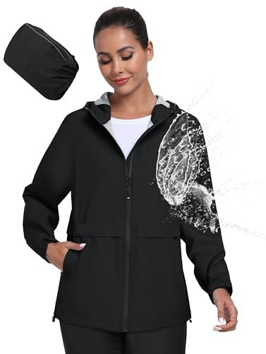 MoFiz Veste de pluie Femme Imperméable Veste Extérieure Légère Imperméable coupe-vent pour Cyclisme Voyage Jogging Randonnée Trekking Noir Taille EU 2XL