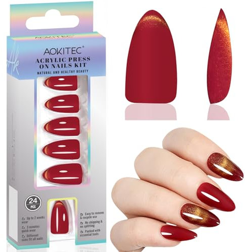 Aokitec Press On Nails Short - Almond False Acrylic Nails with Nail File & Nail Sticky Tabs, 24 Red Cat Eye Full Cover Stick on Nails in 12 Sizes Easy to Carry & Long-Lasting for Women Salon Home DIY