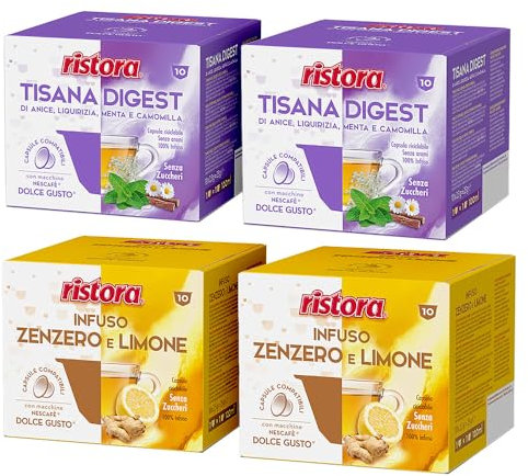 Set 80 Capsule Ristora Compatibili con le Macchine ad uso domestico Nescafè®* Dolce Gusto®* 40 Tisana digest 40 Infuso Zenzero e Limone