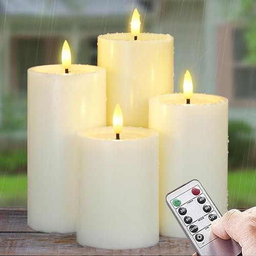 Yeelida Außen-Packung mit 4 flammenlosen wasserdichten LED-Kerzen mit Fernbedienung, Zyklus- Timerfunktion Batteriebetriebener Wachs-Öl Flackernde Kunststoff (Elfenbein, 7,5cm x10 12,5 15 17,5cm)