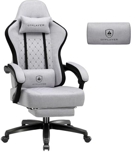 GTPLAYER Gaming Stuhl Stoff, Gaming Sessel mit Taschenfederkissen, ergonomischer Drehstuhl, Gamer Stuhl mit Fußstütze,150 kg Belastbarkeit, hellgrau