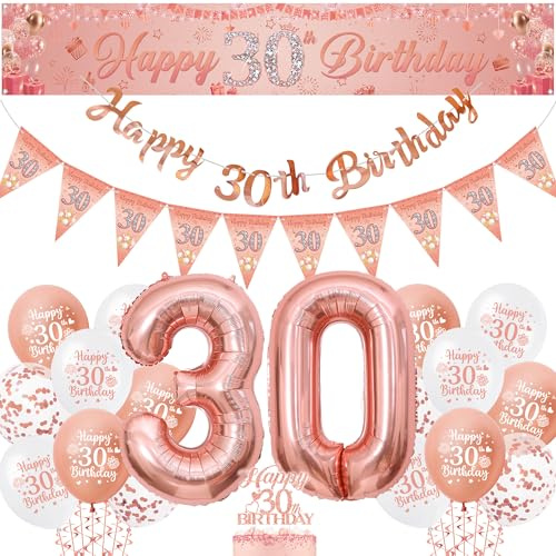 30th Birthday Decorations Balloons Women - Rose Gold Decoration Yard Banner Set with Pennant, Happy 30 Years Old Banners Cake Topper and Number Foil Balloon