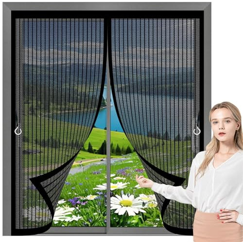 Mosquitera Magnetica 117 x 100 cm Cierre Automático, sin Taladrar, Antimosquitos, Fácil Instalación, Mosquitera Ventana Enrollable para Puerta Corredera, Puerta de Salón, Negro