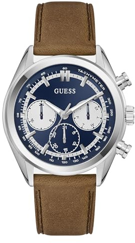 Guess Dawson Men's Watch with Date Display Brown Leather Strap Mineral Glass Blue Dial 5 Bar Case Diameter 44mm GW0972G1