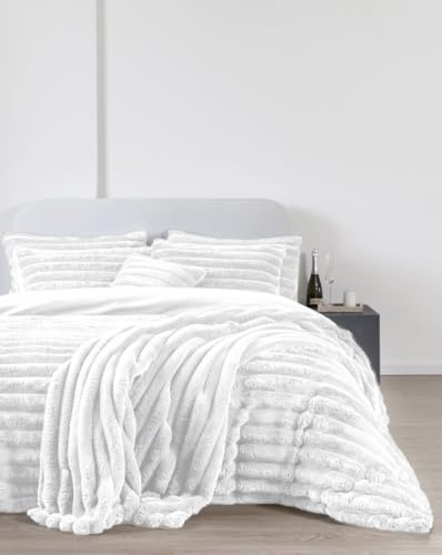 Artistic Fashionista Limited Luxurious Chunky Ribbed Cord Teddy Bear Duvet Cover Sets Super Soft Fluffy Cuddly Faux Fur Thermal Sherpa Fleece Quilt Cover Pillowcases Bedding Set (White, Super King)