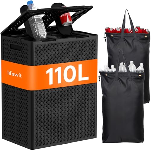 Lifewit Poubelle Recyclage 110 L, Collecteur de Bouteilles 2 Compartiments avec Couvercle et 2 Ouvertures, Poubelle Tri Selectif avec 2 Sacs Amovibles pour Plastique, Verre, Canettes, Noir
