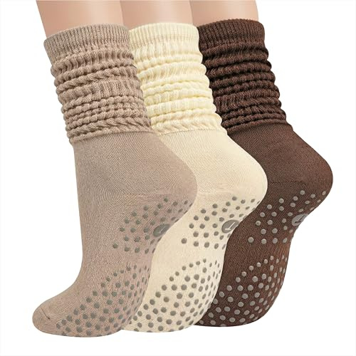 Qzakce Pilates Socken Damen 3 Paare Yoga Antirutsch Socken Damen Slouch Socken Baumwolle Antirutschsocken mit Griffen für Ballett Barre Tanz Gym Fitness Workout Krankenhaus