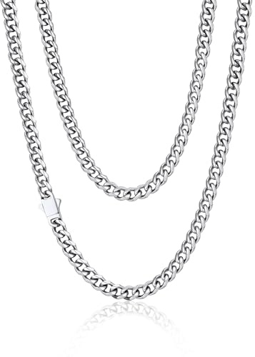 PROSTEEL Kette für Herren Damen, Edelstahl Punk Panzerkette, Hip pop Halskette Cuban Chain necklace, 6mm breit, Kubanische Halskette silber 50cm lang