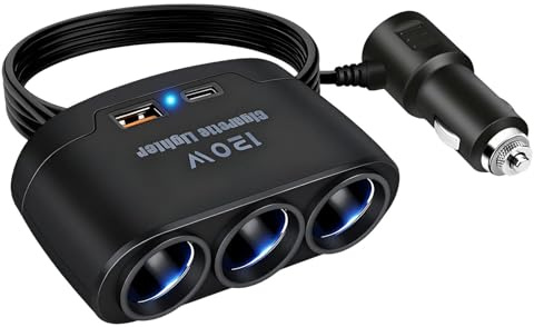 120W Zigarettenanzünder Verteiler 12V 24V, KFZ Ladegerät Auto Adapter mit 3 Steckdosen 1 USB-A Anschlüssen 1 Type C Anschlüsse, Cigarette Lighter Socket mit LED für Handy GPS Dashcam Sitzheizung