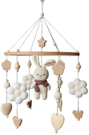 Gehäkeltes Baby Mobile Hase – Mädchen Krippen Deko aus Holz, Crochet Bunny Babybett-Anhänger, Neutraler Waldtier Nursery Schmuck – Handgemachtes Geschenk zur Babyparty