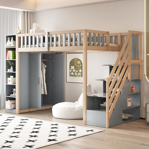 vutizal Grau/Naturholz Holzbett Hochbett 90x200 cm mit Kleiderschrank & Sicherheitsleiter | Für Jugendzimmer | Platzsparend | Ohne Matratze