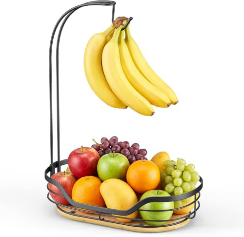 OETAMS Fruit Bowl Basket with Banana Hanger Hook, Kitchen Countertop Organizer for Fruits, Vegetables, Snacks, Vintage Style Stand, Bamboo Base Metal Storage Rack Black 1-Tier