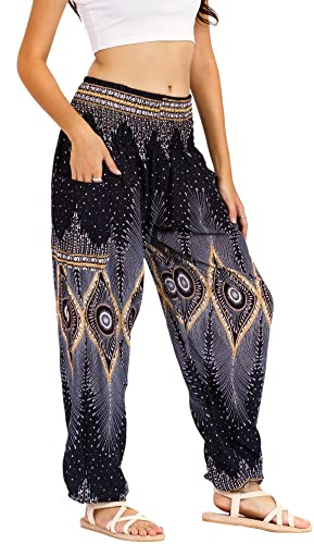 Lofbaz Damen Haremshose Yogahose Pumphose Hippie Hose Boho Kleidung Festival Outfit Sommerhose Leicht Sommer Hosen - Floral 2 Schwarz XL