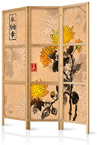decomonkey Paravent Raumteiler Innen Japan Blumen 135x171 cm 3 Teilig Room Divider Wall Raumteiler Stehend Trennwand Sichtschutz Spanische Wand Sichtschutzwand Wohnzimmer Holz Spa Zen Orient Japan