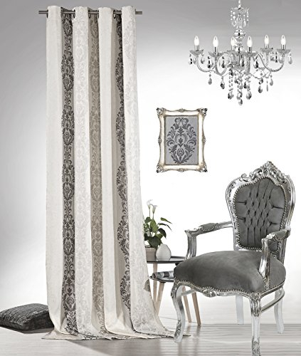 heimtexland Barock Ösenschal Vorhang 245x140 cm Dekoschal Blickdicht Ornamente in Natur Silber Leinen Gardine Typ564
