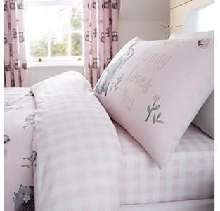 Catherine Lansfield Kids Woodland Friends Check Double Fitted Sheet White Pink