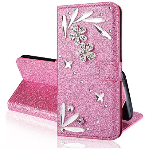 Awenroy Samsung Galaxy A10 Hülle Glitzer Strass Bling Handy Tasche Flip PU Leder Wallet Handyhülle Kartenfach Aufstellfunktion Magnetverschluss mit Stand Funktion - Rosa