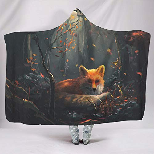 STBlanketshop Sherpa Fleece Mit Kapuze Decken Fantasy Fuchs im Wald Blätter Malerei Tier Natur Thema Druck Kapuze Decke Tribal Kapuzenshirt Stuhl White 150x200cm