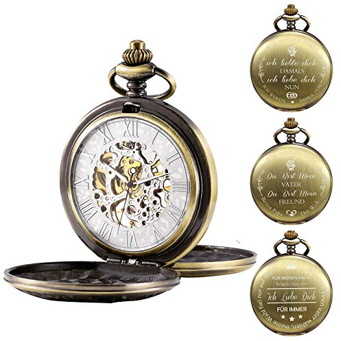 TREEWETO Herren Taschenuhr Personalisiert Gravur Taschenuhr mit Kette Klassische Jahrgang Mechanische Geschenke Geschenk zum Geburtstag Vatertag Vater Vatertagsgeschenk, Bronze