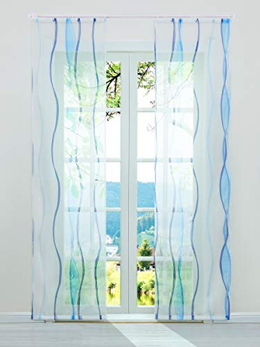 ESLIR Schiebegardinen Set 2er Flächenvorhänge Gardinen mit Klettband Schiebevorhang Transparent Vorhang mit Wellen Druck Voile Blau BxH 57x225cm 2 Stück