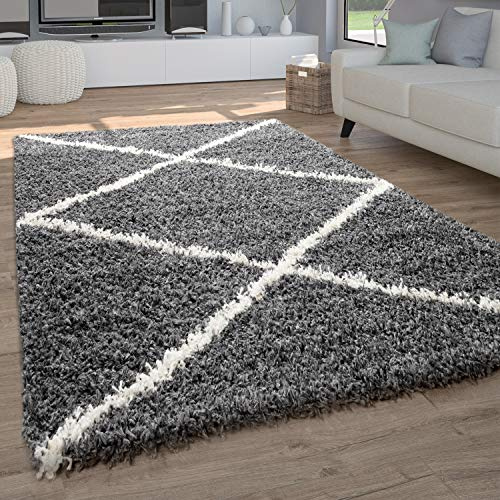 Paco Home Hochflor Teppich Wohnzimmer Shaggy Langflor Skandinavisch Rautenmuster Modern, Grösse:140x200 cm, Farbe:Anthrazit
