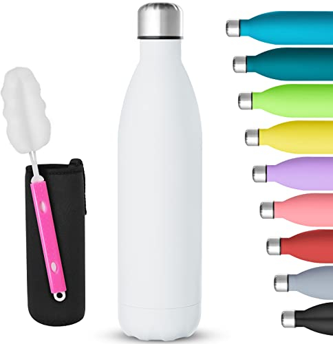 GeeRic Stainless Steel Water Bottle 750ml, Double-walled Vacuum Insulated Metal Water Bottle 12 Hours Hot & 24 Hours Cold Drinks Cycling Bottles for Outdoor Sports Hiking Running 750ml White