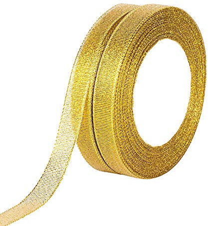 MOLSHINE 15mm x 45m (2 Rollen) Goldene Organzabänder Schimmerndes, dünnes Glitzerband für Heimwerken,Basteln,Geschenkverpackung,Weihnachten Dekorative