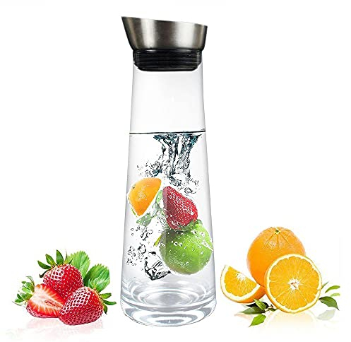 Water Carafe Classical Jug Juice Bottle with Stainless Steel Lid Borosilicate Glass Iced Tea Pitcher for Infusing Water, Milk, Juice, Iced Tea, Lemonade & Sparkling Beverages (1.5L)