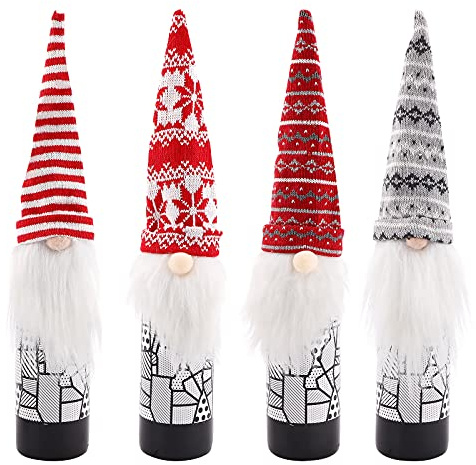 GLAITC Weihnachten Weinflasche Abdeckung, 4 Stück Weihnachten Flaschen Deko Weihnachtsmann Gnom Weinflasche Hut Weihnachten Flaschenüberzug Topper für Weihnachten Tischdeko Geschenk