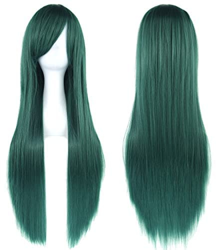IMISSU 80 cm langes glattes Naturhaar Cosplay Perücken mit Pony Bunt Halloween Kostüm Party Perücke Haarverlängerungen (Dunkelgrün)
