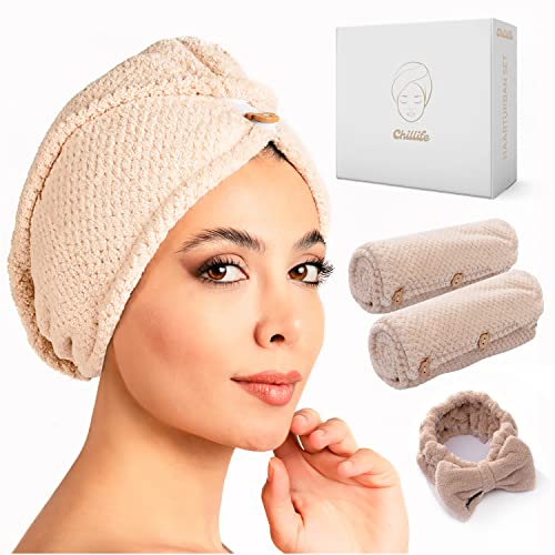 Chillife Premium Set di Turbanti per Capelli | 2 Asciugamani a Turbante con Bottone e Fascia per Capelli, Asciugamano da Bagno in Microfibra per Capelli Lunghi e Testa | Accessori da Bagno
