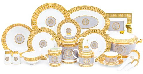 Service de table blanc et or – Service de table 58 pièces « mosaïque » de luxe en porcelaine anglaise 24 carats incrustées d'or pour un usage quotidien ou des occasions formelles