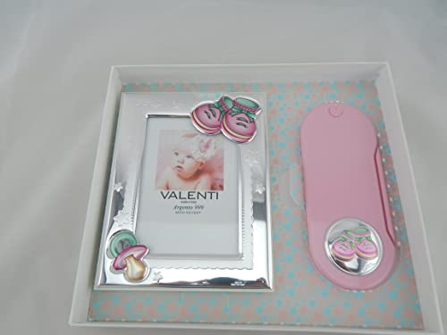 Digiglio Bomboniere Cornice portafoto Bimba Argento+ Set Posate Pappa Scarpetta Rosa