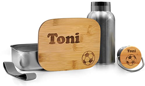 CHRISCK design Personalisierte Brotdose und Trinkflasche Set Kinder - mit Namen & Motiven personalisiert – nachhaltige Brotbüchse & Flasche aus Edelstahl mit Holzdeckel – für Kindergarten Kita Schule