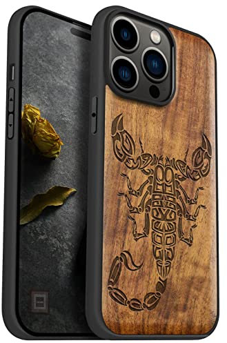 Carveit Handyhülle für iPhone 14 Pro Max Holz Cover kompatibel MagSafe mit Massivholz für Apple 14 pro max Stoßfeste Stoßstange Weich TPU hulle（Nussbaum-Skorpion-Stamm）
