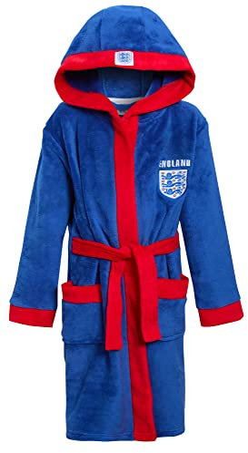 Official England Football Dressing Gown For Kids Hooded Bathrobe Boys Girls Fleece England Euro 2024 Robe Warm House Coat with Pockets Blue Red 3 Lions Logo 13 Years