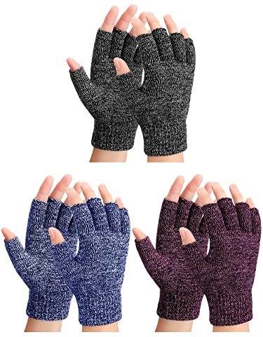 SATINIOR 3 Paar Winter Fingerlose Handschuhe Gestrickt Halbfinger Handschuhe für Herren Damen (Schwarzgrau, Marineblau, Schwarz Rot)