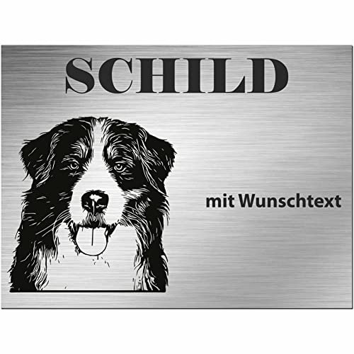 INDIGOS UG - Schilder selbst gestalten Berner Sennenhund - Wunschtext personalisiert - Aluverbundplatte Edelstahllook - ab 20x15 cm - Spruch - Deko Geschenkidee für Ihren Hund - Zaun - Türschild