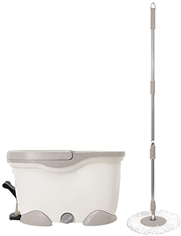 SQ Professional Spin Mop and Bucket Set - Foot Pedal Floor Cleaning Microfiber with Wringer 2 Refill Rotary for Hardwood, Laminate, Tile Floors (Beige), 45.0x25.5x22.0