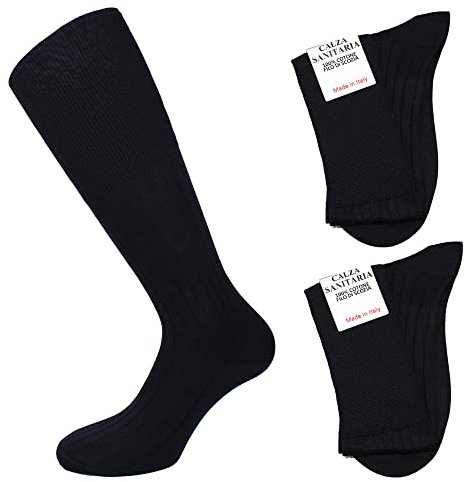 Leedya 2 Paia di Calze Sanitarie Filo di Scozia Uomo 100% Made in Italy - Calza Sanitaria 100% Cotone Mercerizzato Rimagliato a Mano - Calzini Senza Elastico per Diabetici (Nere, 46-48)