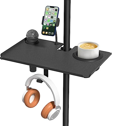 Multi-Functional Microphone Stand Tray with Phone Holder - Universal Metal Mic Stand Tray Shelf Clamp on Music Stand Tray for Studio Concert Karaoke Stands with 11.7 x 7.8 for Storage