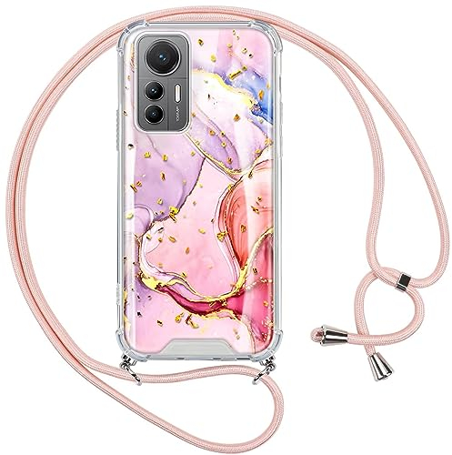 Vauki Cover per Xiaomi 12 Lite con Cordino,Trasparente Marmo Glitter Antiurto Brillantini Tracolla Laccio Collana Custodia,Silicone Bumper Case per xiaomi 12 lite 5g, Rose